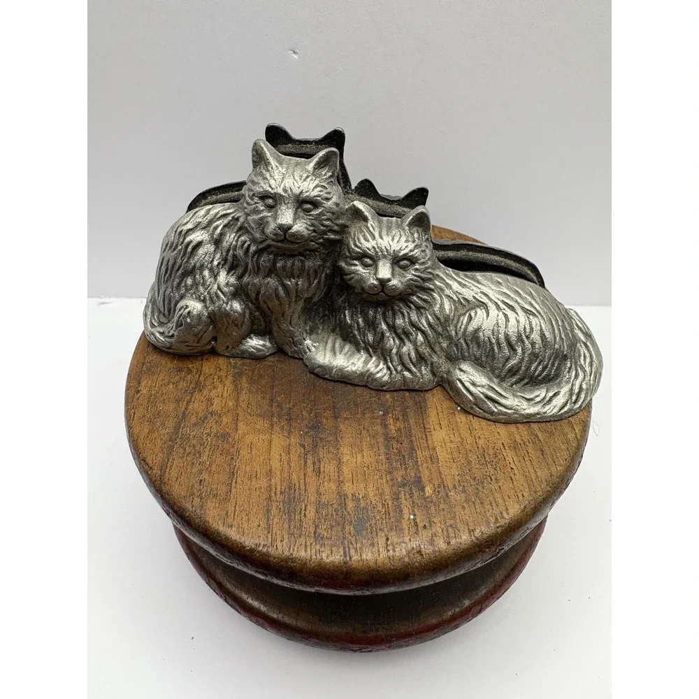 Pewter Double Cat Letter Holder Figurine Silver Tone Flocked Bottom Desk Decor
